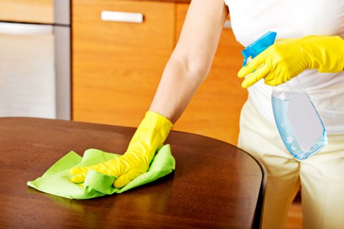 Technician assessing carpet cleaning risks and floor conditions
